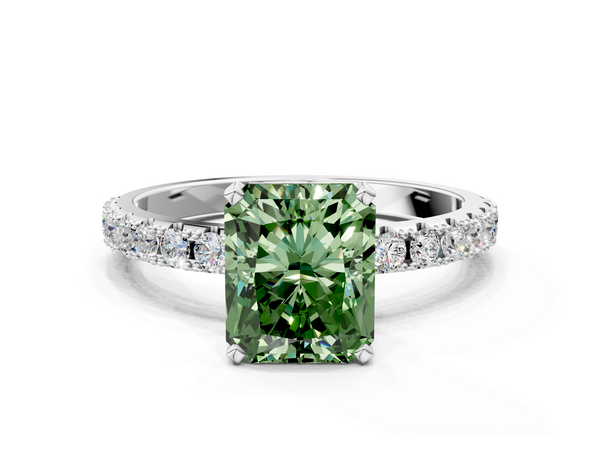 Platinum Fancy Green Radiant Cut Diamond Solitaire Pavé Band with Four-Prong Setting