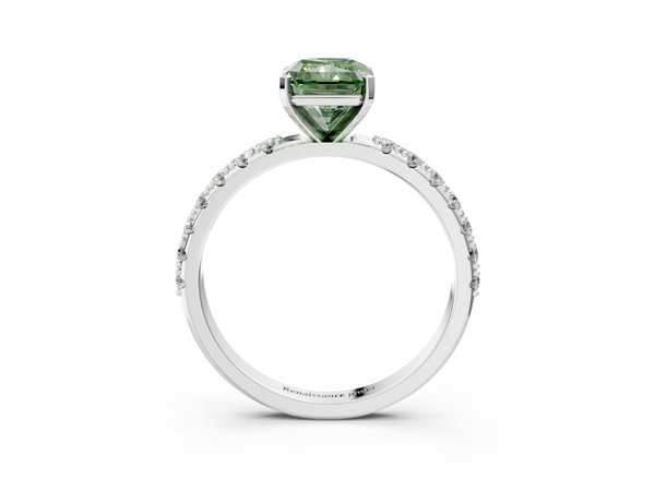 Platinum Fancy Green Radiant Cut Diamond Solitaire Pavé Band with Four-Prong Setting