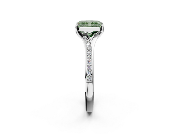 White gold Fancy Green Radiant Cut Diamond Solitaire Ring with Pavé Band and Prong Setting