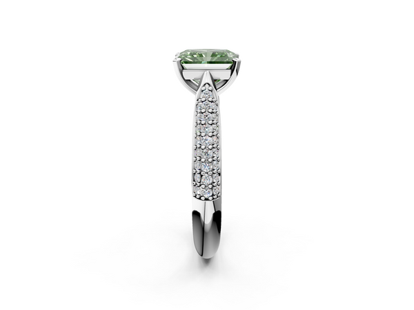 Platinum Fancy Green Radiant  Diamond Solitaire Engagement Ring with Pavé Band and Four-Prong Setting