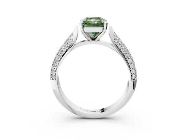 Platinum Fancy Green Radiant  Diamond Solitaire Engagement Ring with Pavé Band and Four-Prong Setting