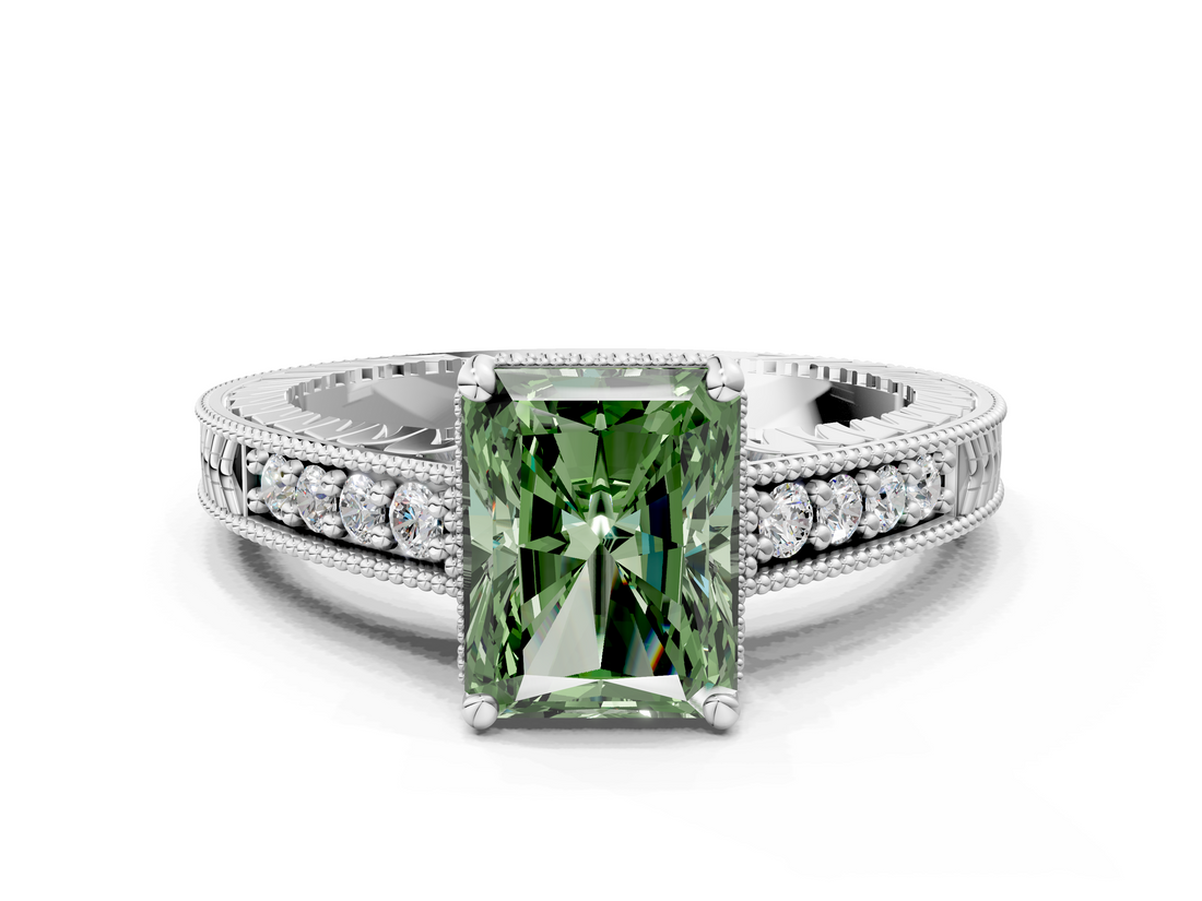 White gold Fancy Green Radiant  Solitaire Pavé Diamond Milgrain Engagement Ring with Four-Prong Setting_3