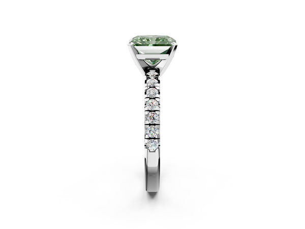 Platinum Fancy Green Radiant  Solitaire Pave Diamond Engagement Ring with Four-Prong Setting