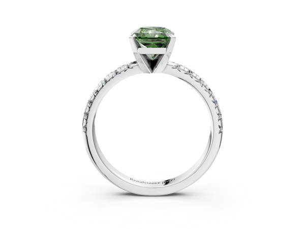 Platinum Fancy Green Radiant  Solitaire Pave Diamond Engagement Ring with Four-Prong Setting