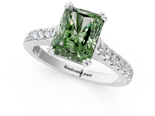 Platinum Fancy Green Radiant  Solitaire Pave Diamond Engagement Ring with Prong Setting