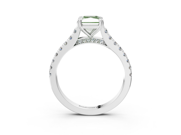 Platinum Fancy Green Radiant  Solitaire Pave Diamond Engagement Ring with Prong Setting