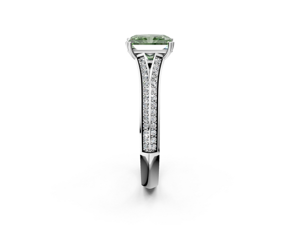 Platinum Fancy Green Radiant Cut Diamond Split Shank Engagement Ring with Pavé Band