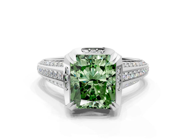 Platinum Fancy Green Radiant  Solitaire Pave Split Shank Ring with Four-Prong Setting