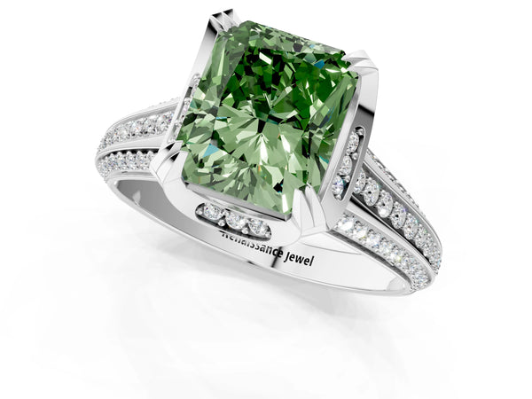 Platinum Fancy Green Radiant  Solitaire Pave Split Shank Ring with Four-Prong Setting