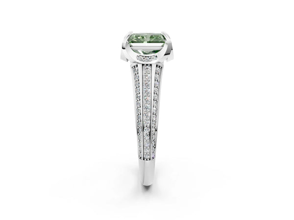 Platinum Fancy Green Radiant  Solitaire Pave Split Shank Ring with Four-Prong Setting