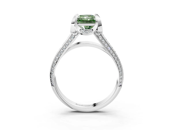 Platinum Fancy Green Radiant  Solitaire Pave Split Shank Ring with Four-Prong Setting