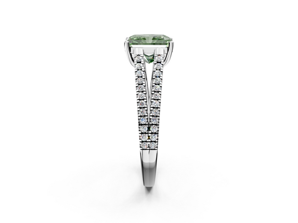 White gold Fancy Green Radiant Cut Diamond Solitaire Engagement Ring with Split Shank Pavé Band
