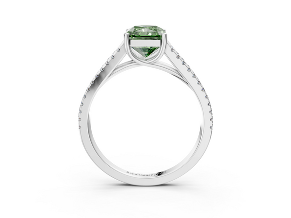 White gold Fancy Green Radiant Cut Diamond Solitaire Engagement Ring with Split Shank Pavé Band