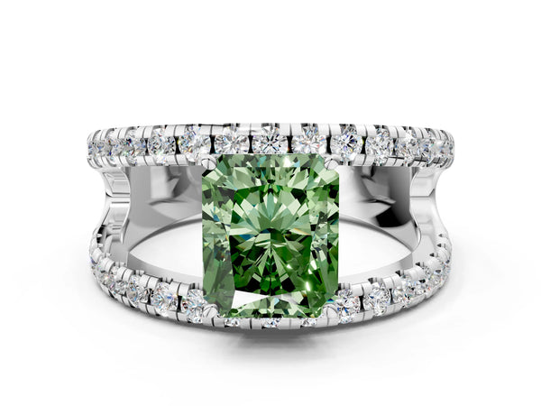 Platinum Fancy Green Radiant  Solitaire Split Shank Pave Diamond Ring