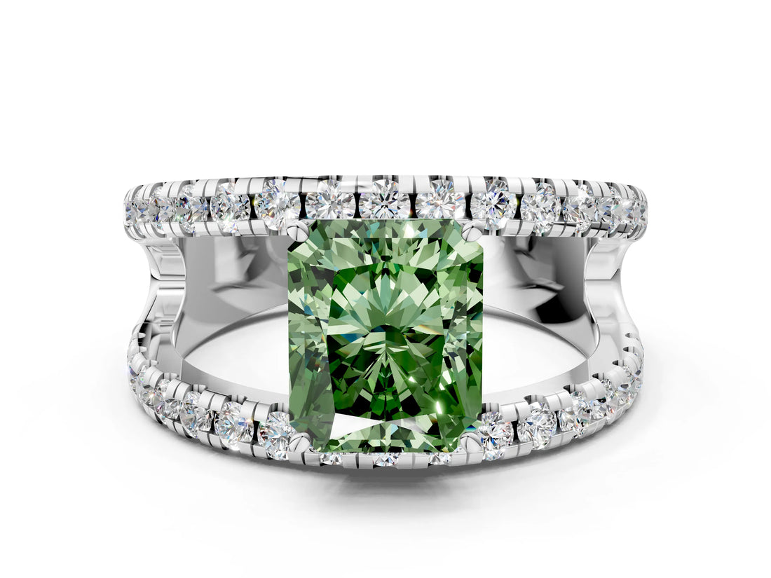 White gold Fancy Green Radiant  Solitaire Split Shank Pave Diamond Ring_49