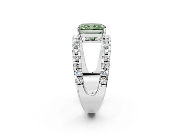 Platinum Fancy Green Radiant  Solitaire Split Shank Pave Diamond Ring