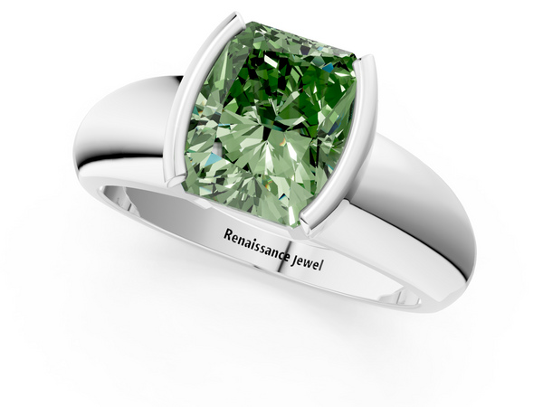 Platinum Fancy Green Radiant  Solitaire Tension Set Diamond Ring with Wide Band