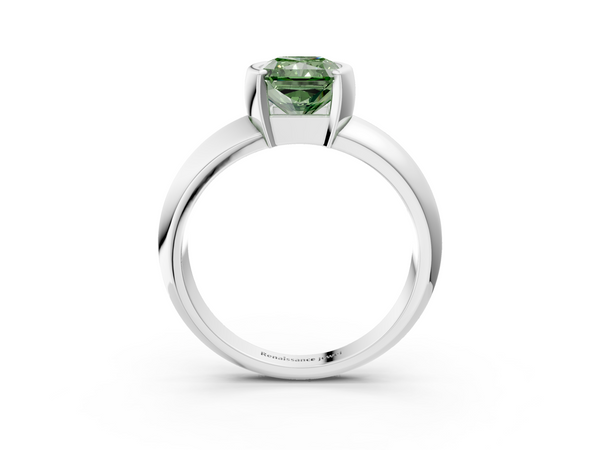 Platinum Fancy Green Radiant  Solitaire Tension Set Diamond Ring with Wide Band