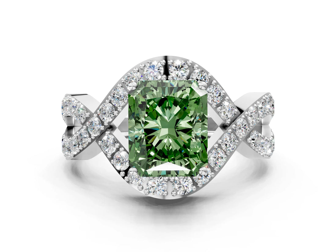 White gold Fancy Green Radiant  Solitaire Twist Band Pavé Diamond Engagement Ring_77