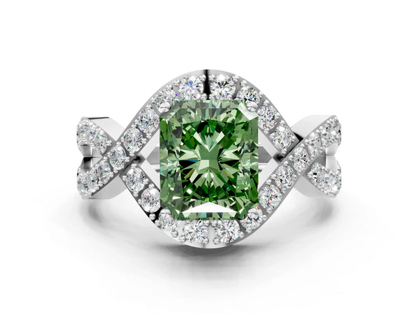 Platinum Fancy Green Radiant  Solitaire Twist Band Pavé Diamond Engagement Ring