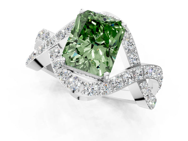 Platinum Fancy Green Radiant  Solitaire Twist Band Pavé Diamond Engagement Ring