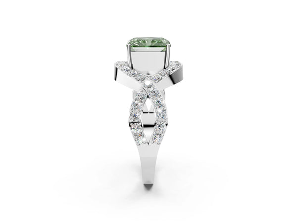 Platinum Fancy Green Radiant  Solitaire Twist Band Pavé Diamond Engagement Ring