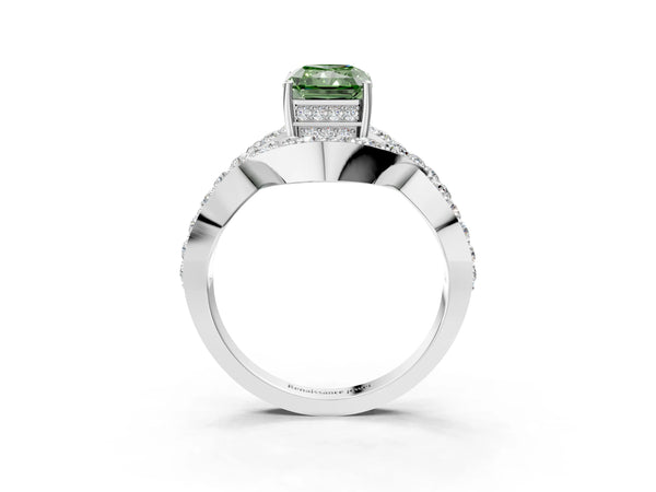 Platinum Fancy Green Radiant  Solitaire Twist Band Pavé Diamond Engagement Ring