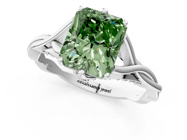 White gold Fancy Green Radiant  Solitaire Twist Band Six-Prong Setting