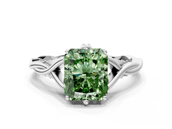 White gold Fancy Green Radiant  Solitaire Twist Band Six-Prong Setting