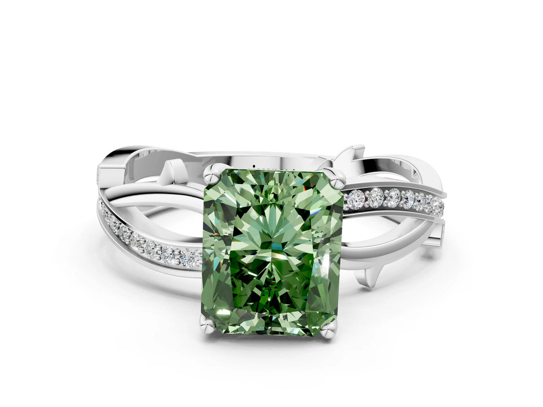White gold Fancy Green Radiant  Solitaire Twist Band with Pavé Accents and Four-Prong Setting_20