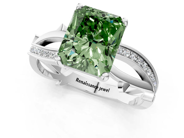 White gold Fancy Green Radiant  Solitaire Twist Band with Pavé Accents and Four-Prong Setting