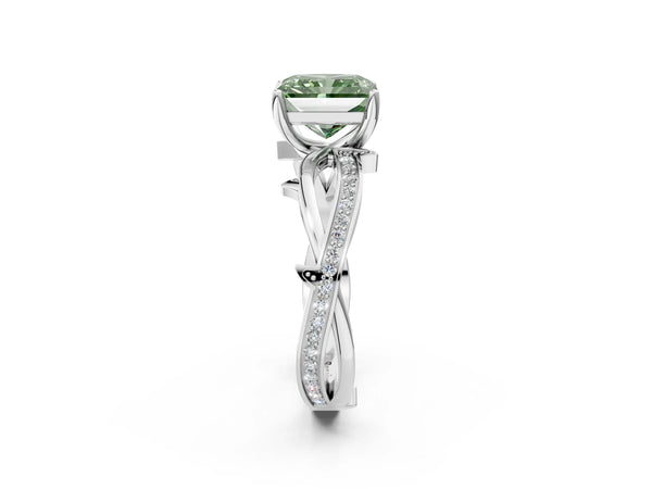 White gold Fancy Green Radiant  Solitaire Twist Band with Pavé Accents and Four-Prong Setting