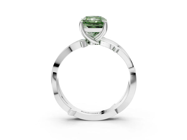 White gold Fancy Green Radiant  Solitaire Twist Band with Pavé Accents and Four-Prong Setting