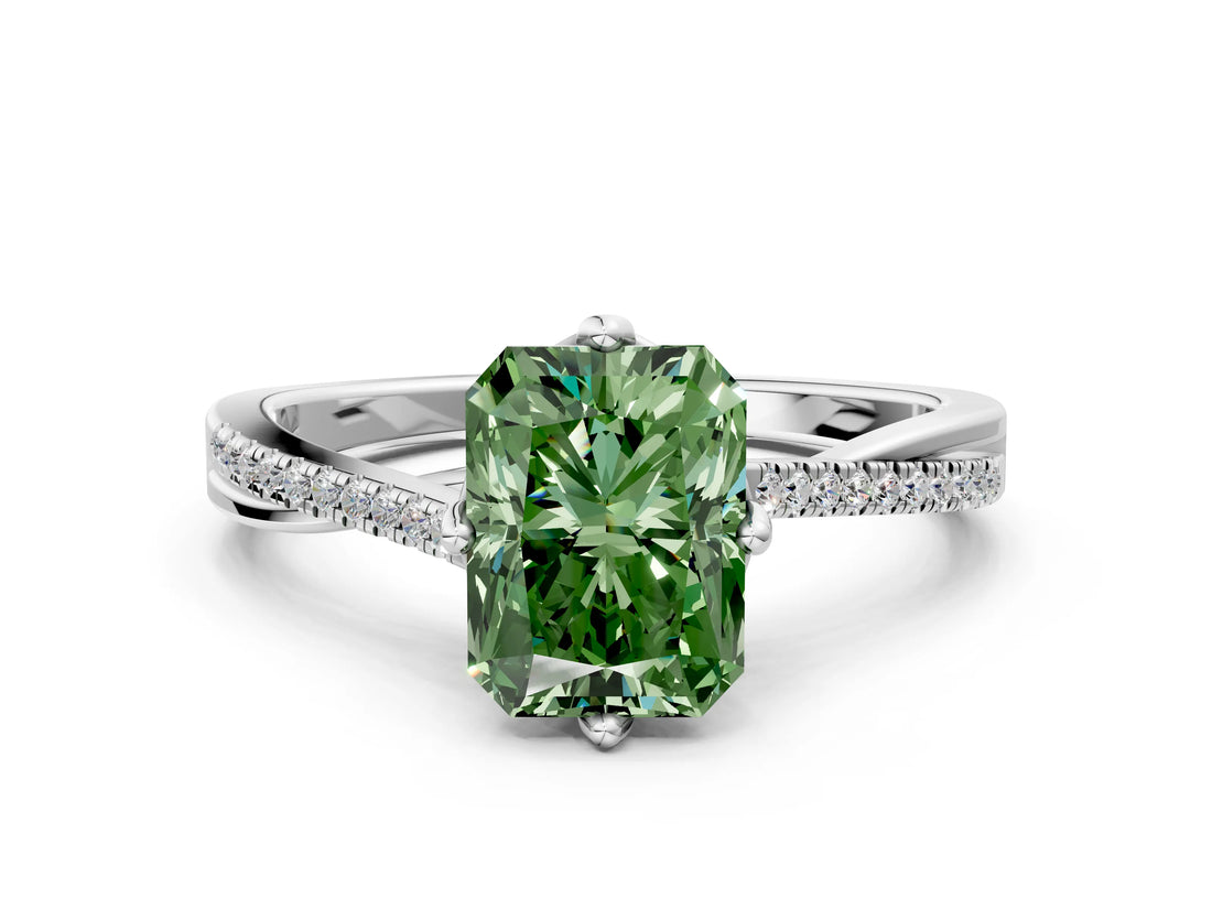 White gold Fancy Green Radiant  Solitaire Twist Band with Pavé Diamonds and Four-Prong Setting_65
