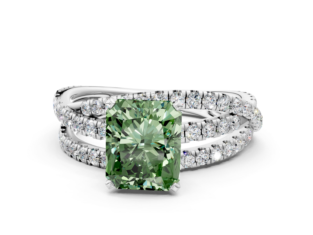 White gold Fancy Green Radiant  Solitaire Twist Band with Pavé Setting and Four-Prong Setting_57