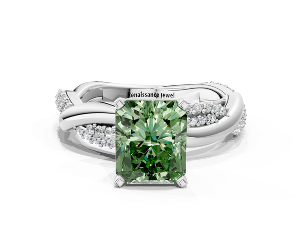 White gold Fancy Green Radiant  Solitaire Twist Band with Pave Prong Setting