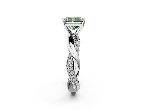 White gold Fancy Green Radiant  Solitaire Twist Band with Pave Prong Setting