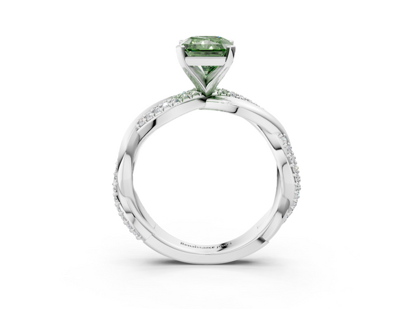 White gold Fancy Green Radiant  Solitaire Twist Band with Pave Prong Setting