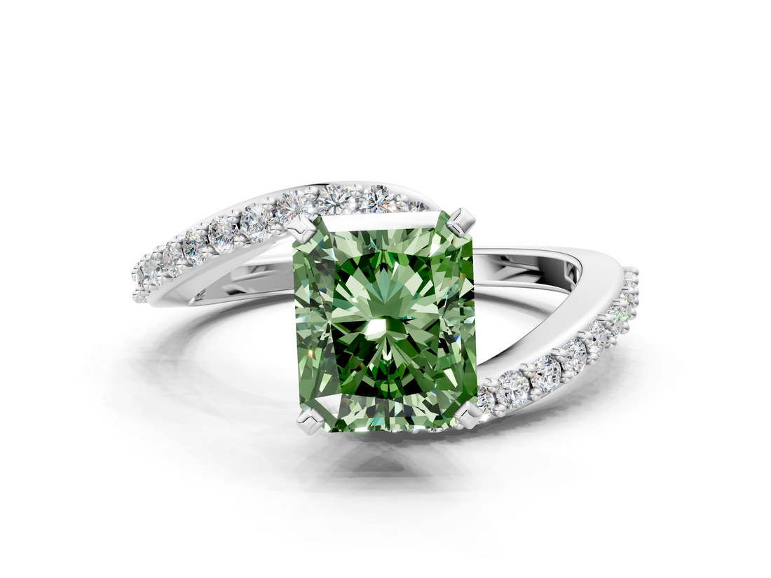 White gold Fancy Green Radiant  Solitaire Twist Band with Pave Set Diamonds and Four-Prong Setting_142