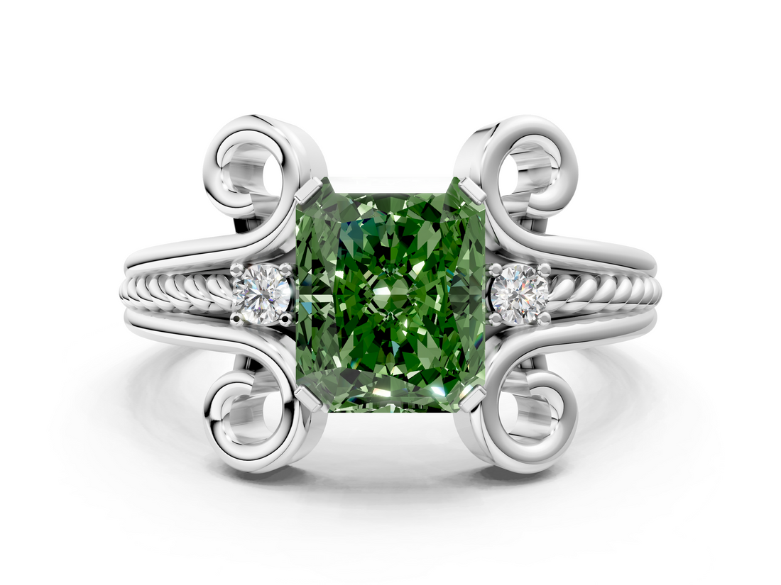White gold Fancy Green Radiant  Solitaire Twisted Band Scroll Prong Ring_3