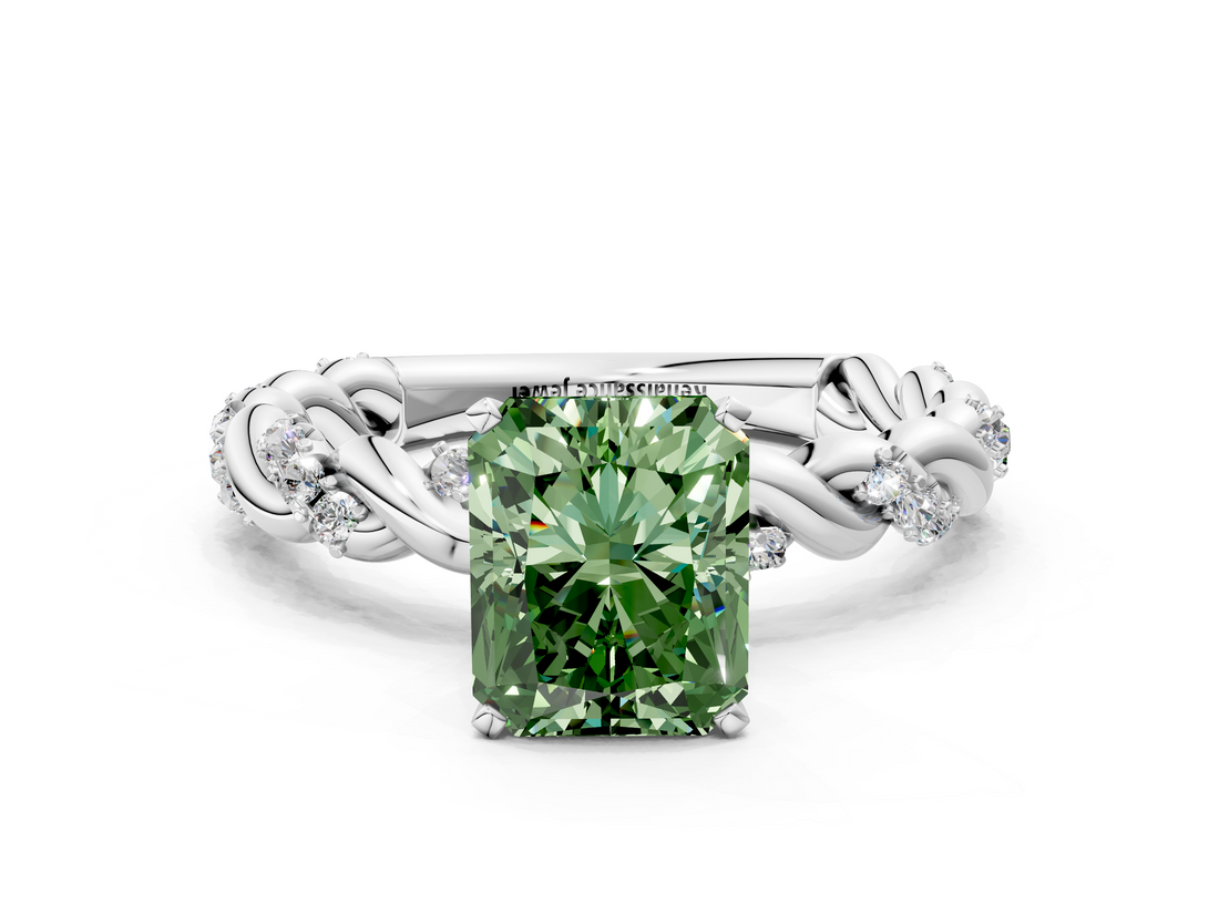 White gold Fancy Green Radiant  Solitaire Twisted Band with Pavé Accents and Four-Prong Setting_3