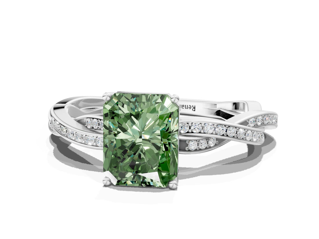 White gold Fancy Green Radiant  Solitaire Twisted Pave Diamond Ring with Four-Prong Setting_166