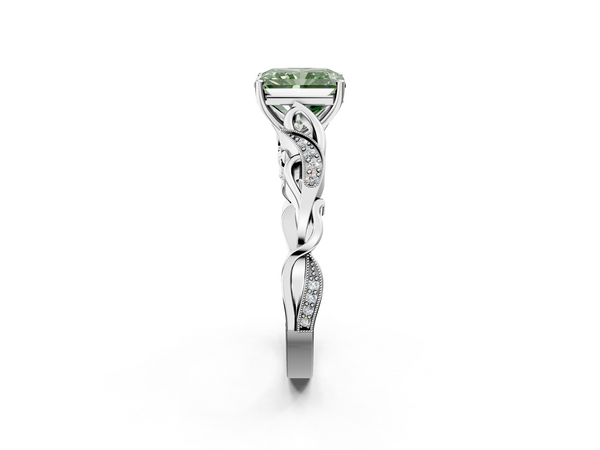 White gold Fancy Green Radiant  Solitaire Vine Band with Milgrain Prong Setting