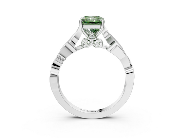 White gold Fancy Green Radiant  Solitaire Vine Band with Milgrain Prong Setting