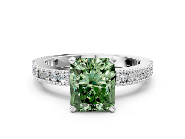 Platinum Fancy Green Radiant  Solitaire with Pavé Band and Four-Prong Setting