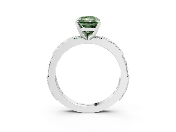 Platinum Fancy Green Radiant  Solitaire with Pavé Band and Four-Prong Setting