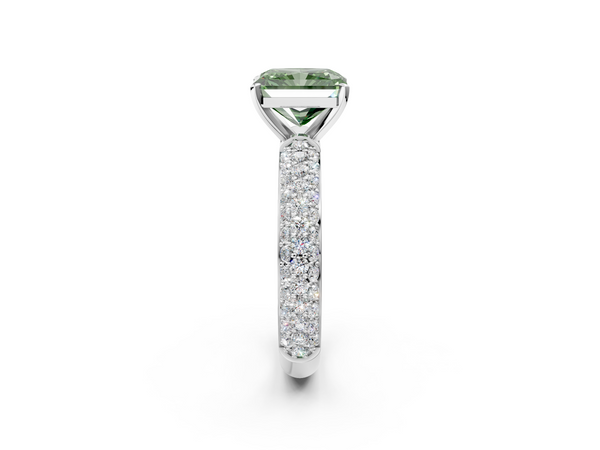 White gold Fancy Green Radiant  Diamond Solitaire Ring with Prong Setting and Pavé Band