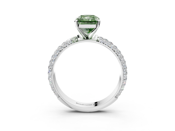 White gold Fancy Green Radiant  Diamond Solitaire Ring with Prong Setting and Pavé Band