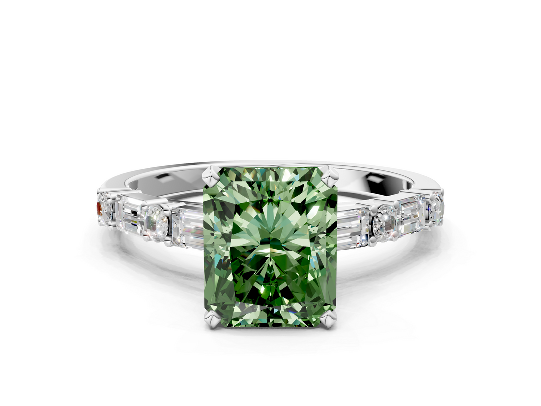 White gold Fancy Green Radiant  Solitaire with Side Baguettes and Channel Set Band_58