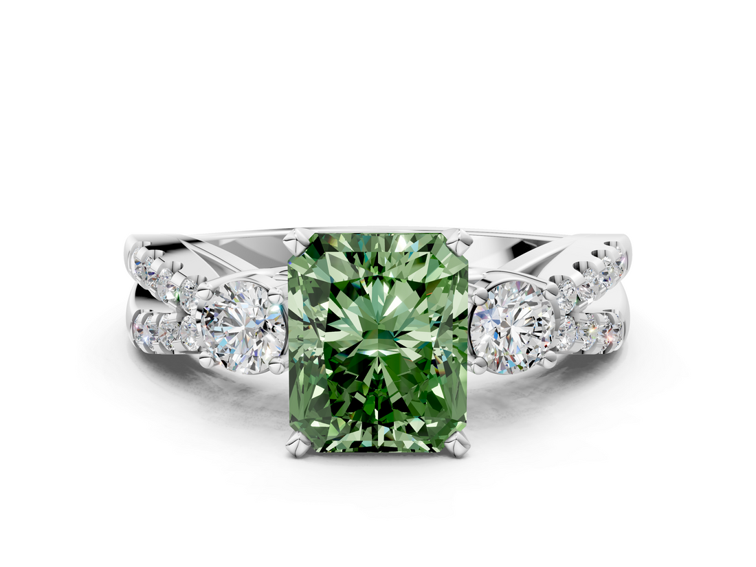 White gold Fancy Green Radiant  Three-Stone Diamond Ring with Pavé Split Shank and Four-Prong Setting_91